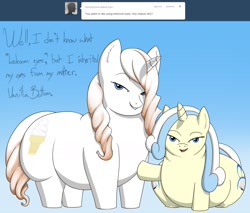 Size: 1300x1110 | Tagged: safe, artist:lesang, oc, oc only, oc:belle bottom, oc:vanilla bottom, species:pony, species:unicorn, ask belle bottom, fat, filly, huge butt, impossibly large butt, impossibly wide hips, large butt, mother, mother and daughter, wide hips