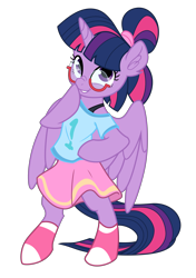 Size: 4995x7097 | Tagged: safe, artist:luciferamon, artist:pink1ejack, edit, character:twilight sparkle, character:twilight sparkle (alicorn), species:alicorn, species:pony, absurd resolution, alternate hairstyle, bipedal, clothing, cute, ear fluff, female, glasses, mare, moe, off shoulder, ponytail, raised hoof, semi-anthro, shirt, shoes, simple background, skirt, smiling, socks, solo, transparent background, twiabetes, vector