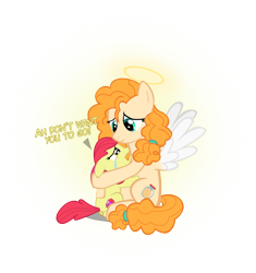 Size: 4198x4468 | Tagged: safe, artist:mrkat7214, character:apple bloom, character:pear butter, species:earth pony, species:pony, absurd resolution, angelic wings, crying, dialogue, duo, feels, female, filly, halo, hug, mare, mother and child, mother and daughter, sad, simple background, teary eyes, transparent background, vector, wings