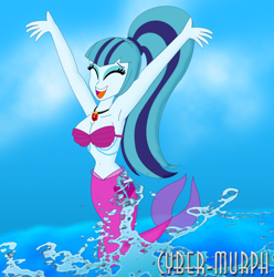 Size: 1996x2016 | Tagged: safe, artist:cyber-murph, character:sonata dusk, my little pony:equestria girls, armpits, arms in the air, belly, belly button, breasts, busty sonata dusk, cleavage, cute, eyes closed, eyeshadow, jewelry, makeup, mermaid, mermaidized, midriff, pearl, pendant, ponytail, seashell bra, signature, sonatabetes, species swap, splashing
