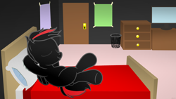 Size: 3840x2160 | Tagged: safe, artist:agkandphotomaker2000, oc, oc:arnold the pony, species:pegasus, species:pony, bed, bedroom, door, drawer, garbage bin, poster, red and black mane, red and black oc, solo, television