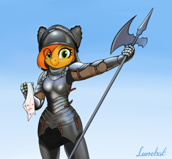 Size: 1642x1516 | Tagged: safe, artist:lunebat, oc, oc:camber, species:anthro, armor, eye clipping through hair, female, halberd, knight, solo, tissue, weapon