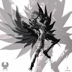Size: 1600x1601 | Tagged: safe, artist:zidanemina, character:captain celaeno, my little pony: the movie (2017), alternate hairstyle, armor, crossover, garuda, grayscale, monochrome, saint seiya, simple background, solo, white background, wings