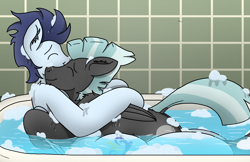 Size: 4032x2609 | Tagged: safe, artist:tacomytaco, character:soarin', character:thunderlane, species:pegasus, species:pony, bath, bubble, bubble bath, cuddling, cute, dock, eyes closed, gay, human shoulders, male, shipping, smiling, snuggling, soarilane, wet
