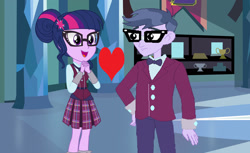 Size: 1800x1100 | Tagged: safe, artist:bigpurplemuppet99, character:microchips, character:twilight sparkle, character:twilight sparkle (scitwi), species:eqg human, ship:microlight, my little pony:equestria girls, clothing, crystal prep academy uniform, female, male, school uniform, shipping, straight