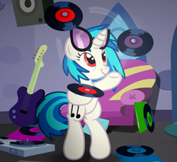 Size: 3600x3300 | Tagged: safe, artist:agkandphotomaker2000, character:dj pon-3, character:vinyl scratch, species:pony, species:unicorn, bored, couch, dj glasses, female, guitar, indoors, irresponsible management of your collection, juggling, mare, musical instrument, show accurate, solo, vinyl disc