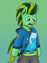 Size: 3024x4032 | Tagged: safe, artist:tacomytaco, oc, oc only, oc:taco.m.tacoson, species:pegasus, species:pony, bipedal, briefs, clothing, frontal wedgie, gradient background, hand, hoodie, male, pain, shirt, shorts, underwear, wedgie
