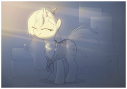 Size: 1073x759 | Tagged: safe, artist:sherwoodwhisper, oc, oc only, oc:eri, oc:whisper, species:pony, species:unicorn, crepuscular rays, eyes closed, female, indoors, mare, mouse, mouse oc, smiling