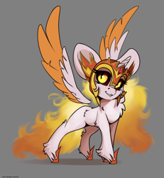 Size: 3000x3250 | Tagged: safe, artist:skitsroom, character:daybreaker, character:princess celestia, species:alicorn, species:pony, big ears, chest fluff, chibi, female, floating wings, gray background, mare, missing accessory, simple background, solo, wings