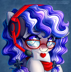 Size: 3508x3530 | Tagged: safe, artist:chaosangeldesu, oc, oc only, oc:cinnabyte, species:earth pony, species:pony, adorkable, bandana, blushing, cute, dork, envelope, female, gaming headset, glasses, headset, heart eyes, icon, looking at you, love letter, mare, mouth hold, solo, wingding eyes