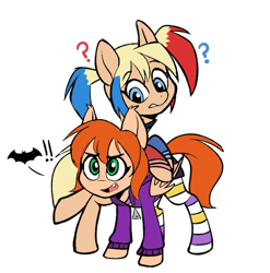 Size: 935x947 | Tagged: safe, artist:higgly-chan, artist:icey-wicey-1517, edit, species:bat, species:bat pony, species:earth pony, species:pony, barbara gordon, bat ponified, bat signal, batgirl, bipedal, clothing, color edit, colored, crossover, dc comics, dc superhero girls, female, harley quinn, hoodie, jacket, lineart, mare, open mouth, pigtails, ponified, question mark, race swap, raised hoof, raised leg, simple background, sketch, socks, striped socks, transparent background, twintails