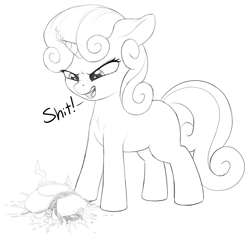 Size: 2270x2170 | Tagged: safe, artist:zippysqrl, character:sweetie belle, species:pony, species:unicorn, cute, dialogue, female, filly, food, grayscale, magic, monochrome, open mouth, pasta, simple background, solo, spaghetti, vulgar, white background