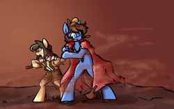 Size: 3080x1932 | Tagged: safe, artist:spheedc, oc, oc:bizarre song, oc:sphee, species:earth pony, species:pegasus, species:pony, baseball bat, cape, clothing, commission, female, glasses, gradient background, male, mare, semi-anthro, smoke, stallion, wrench