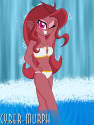 Size: 1512x2016 | Tagged: safe, artist:cyber-murph, oc, oc:mezma, my little pony:equestria girls, arm behind head, armpits, bathing, belly, belly button, bikini, birthday gift, clothing, disguise, disguised siren, fins, midriff, o-ring swimsuit, one eye closed, swimsuit, waterfall, wink, winking at you