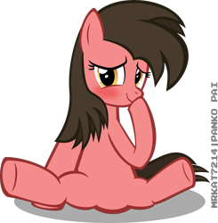 Size: 5883x6000 | Tagged: safe, artist:mrkat7214, oc, oc only, oc:ace play, oc:cutie e, species:earth pony, species:pony, absurd resolution, blushing, cute, female, hoof over mouth, looking at you, mare, rule 63, rule63betes, simple background, sitting, smiling, solo, spread legs, spreading, transparent background, vector