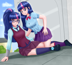 Size: 2000x1800 | Tagged: safe, artist:focusb, character:twilight sparkle, character:twilight sparkle (scitwi), species:eqg human, my little pony:equestria girls, clothing, crystal prep academy uniform, duality, duo, duo female, female, glasses, human coloration, school uniform, self paradox, socks, twolight