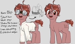Size: 2120x1264 | Tagged: safe, artist:zippysqrl, oc, oc only, oc:blip, species:pony, species:unicorn, chest fluff, clothing, cowlick, female, goggles, horn, lab coat, open mouth, simple background, sketch, small horn, solo, stains