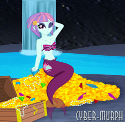 Size: 2560x2504 | Tagged: safe, artist:cyber-murph, character:sunny flare, my little pony:equestria girls, armpits, barrette, belly, belly button, breasts, busty sunny flare, cave, cleavage, crystal, eyeshadow, gem, jewelry, kissy face, makeup, mermaid, mermaidized, midriff, necklace, one eye closed, pearl, pearl necklace, seashell bra, signature, species swap, treasure, treasure chest, wink, winking at you