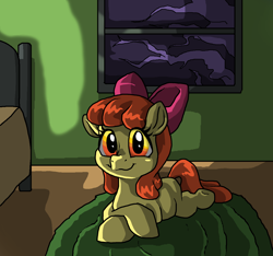 Size: 2248x2108 | Tagged: safe, artist:smirk, character:apple bloom, bed, bedroom, female, filly, looking at you, night, ominous, shadows, solo, window