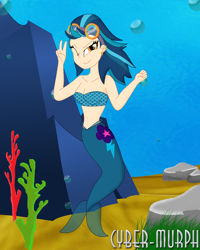 Size: 1864x2328 | Tagged: safe, artist:cyber-murph, character:indigo zap, my little pony:equestria girls, belly, belly button, bikini, breasts, cleavage, clothing, coral, ear piercing, flowing hair, goggles, mermaid, mermaidized, midriff, one eye closed, peace sign, piercing, rock, scales, seaweed, signature, species swap, swimsuit, underwater, wink