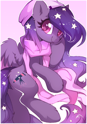 Size: 2480x3508 | Tagged: safe, artist:share dast, oc, oc only, oc:star universe, species:pegasus, species:pony, beanie, clothing, cute, ear fluff, ethereal mane, ethereal wings, female, galaxy mane, hat, high res, leg fluff, looking at you, mare, night, night sky, scarf, simple background, sky, smiling, smiling at you, solo, transparent background, wings