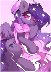 Size: 2480x3508 | Tagged: safe, alternate version, artist:share dast, oc, oc only, oc:star universe, species:pegasus, species:pony, beanie, clothing, cute, ethereal mane, ethereal wings, female, hat, looking at you, mare, night, night sky, scarf, simple background, sky, smiling, smiling at you, wings