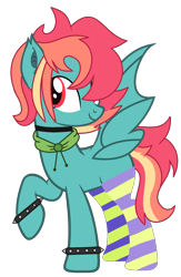 Size: 1257x1933 | Tagged: safe, artist:pegasski, artist:rukemon, base used, oc, oc only, oc:rainbow screech, parent:evil pie hater dash, parent:flutterbat, parent:fluttershy, parent:rainbow dash, parents:flutterdash, parents:piehaterbat, species:bat pony, species:pony, icey-verse, bat pony oc, bat wings, choker, clothing, commission, female, hair over one eye, hood, magical lesbian spawn, mare, multicolored hair, offspring, raised hoof, show accurate, simple background, socks, solo, spiked wristband, striped socks, transparent background, wings, wristband