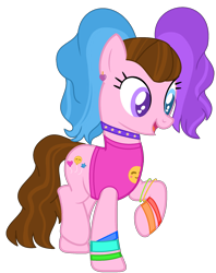 Size: 1585x1998 | Tagged: safe, artist:pegasski, artist:rukemon, base used, oc, oc only, oc:sunshine smiles (ice1517), species:earth pony, species:pony, bracelet, choker, clothing, commission, ear piercing, earring, female, heart eyes, heterochromia, jewelry, mare, multicolored hair, piercing, pigtails, raised hoof, raised leg, simple background, solo, tank top, transparent background, twintails, wingding eyes, wristband