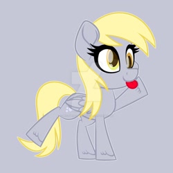 Size: 1280x1280 | Tagged: safe, artist:missmele-madness, character:derpy hooves, species:pony, chibi, deviantart watermark, female, gray background, obtrusive watermark, simple background, solo, tongue out, watermark