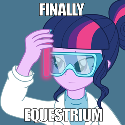 Size: 5000x5000 | Tagged: safe, artist:pink1ejack, character:twilight sparkle, character:twilight sparkle (scitwi), species:eqg human, my little pony:equestria girls, absurd resolution, clothing, female, lab coat, meme, ponified meme, safety goggles, simple background, solo, test tube, text, vector