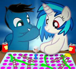 Size: 3600x3300 | Tagged: safe, artist:agkandphotomaker2000, character:dj pon-3, character:vinyl scratch, oc, oc:pony video maker, species:pegasus, species:pony, species:unicorn, board game, canon x oc, case, dice, shaking the dice, simple background, snakes and ladders, soda, transparent case, videoscratch
