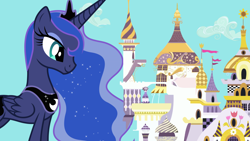 Size: 1920x1080 | Tagged: safe, artist:90sigma, artist:a01421, artist:boneswolbach, artist:jerryakiraclassics19, character:princess celestia, character:princess luna, species:alicorn, species:pony, big pony, canterlot, canterlot castle, castle, cloud, crown, day, daytime, ethereal mane, eyeshadow, female, giant pony, giantess, jewelry, macro, makeup, mare, mega giant, mega luna, regalia, size difference, smiling, story in the source