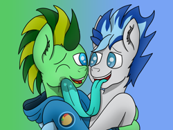 Size: 4032x3024 | Tagged: safe, artist:tacomytaco, oc, oc only, oc:aspen volare, oc:taco.m.tacoson, species:pegasus, species:pony, bipedal, clothing, commission, cuddling, drool, face licking, gradient background, hoodie, hug, licking, long tongue, male, one eye closed, tongue out
