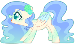 Size: 3751x2211 | Tagged: safe, artist:kurosawakuro, base used, oc, oc only, parent:fluttershy, parent:princess skystar, species:pegasus, species:pony, beautiful, colored pupils, colored wings, colored wingtips, female, flower, flower in hair, freckles, interspecies offspring, looking at something, magical lesbian spawn, mare, offspring, open mouth, outline, parents:flutterstar, simple background, solo, transparent background