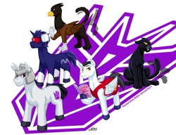 Size: 1024x787 | Tagged: safe, artist:texasuberalles, species:griffon, species:pegasus, species:pony, species:unicorn, big cat, book, colored hooves, crossover, decepticon, fanfic art, griffonized, headphones, helmet, hoof hold, jaguar (animal), laserbeak, looking at you, looking back, male, megatron, ponified, ravage, reading, simple background, soundwave, species swap, stallion, starscream, sunglasses, transformers, white background