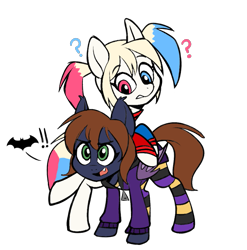Size: 935x947 | Tagged: safe, artist:higgly-chan, artist:icey-wicey-1517, edit, oc, oc only, oc:barbat gordon, oc:har-harley queen, species:bat, species:bat pony, species:earth pony, species:pony, barbara gordon, bat signal, batgirl, bipedal, clothing, color edit, colored, crossover, dc comics, dc superhero girls, female, harley quinn, heterochromia, hoodie, jacket, lineart, mare, multicolored hair, open mouth, pigtails, question mark, raised hoof, raised leg, simple background, sketch, socks, striped socks, transparent background, twintails