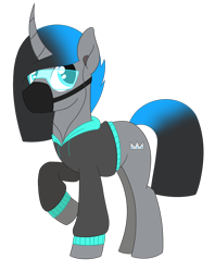 Size: 1347x1699 | Tagged: safe, artist:dyonys, oc, oc:aoi hiko, species:pony, species:unicorn, clothing, curved horn, earbuds, glasses, hoodie, horn, male, mask, raised hoof, show accurate, simple background, stallion, transparent background