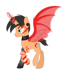 Size: 2187x2431 | Tagged: safe, artist:dyonys, species:pony, species:unicorn, amputee, artificial wings, augmented, borderlands, borderlands 3, broken horn, choker, ear piercing, earring, fangs, horn, jewelry, magic, magic wings, male, piercing, ponified, prosthetic limb, prosthetics, raised hoof, show accurate, simple background, stallion, tattoo, transparent background, troy calypso, wings