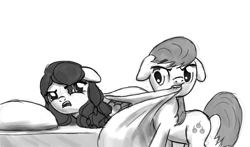 Size: 1358x800 | Tagged: safe, artist:nimaru, oc, oc only, oc:crabapple, oc:winter willow, species:earth pony, species:pegasus, species:pony, blanket, female, floppy ears, male, mare, monochrome, mouth hold, stallion