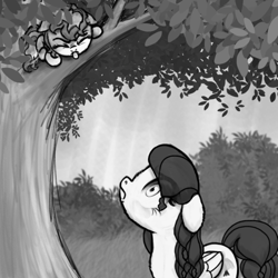 Size: 800x800 | Tagged: safe, artist:nimaru, oc, oc only, oc:honeycrisp, oc:winter willow, species:pegasus, species:pony, didn't think this through, female, floppy ears, mare, monochrome, tongue out, tree