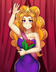 Size: 800x1026 | Tagged: safe, artist:tzc, part of a set, character:adagio dazzle, my little pony:equestria girls, anime, armpits, bouquet, breasts, busty adagio dazzle, clothing, commission, dress, female, flower, hips, jewelry, purple dress, rose, solo, strapless, tiara, waving, wide hips
