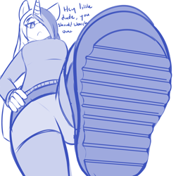 Size: 4000x4000 | Tagged: safe, artist:mrrowboat, oc, oc:golden age, species:anthro, species:pony, species:unicorn, boots, clothing, macro, monochrome, shoes, solo, stomp, sweater