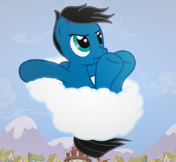Size: 3600x3300 | Tagged: safe, artist:agkandphotomaker2000, oc, oc only, oc:pony video maker, species:pegasus, species:pony, cloud, deep cloud, embarrassed, legs raised, male, on a cloud, ponyville, solo, stallion, stuck, sugarcube corner, town hall
