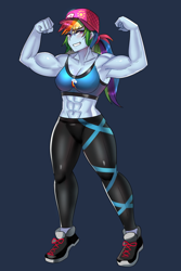 Size: 800x1200 | Tagged: safe, artist:tzc, character:rainbow dash, my little pony:equestria girls, abs, anime, armpits, clothing, female, flexing, grin, muscles, muscular female, pants, rainbuff dash, shoes, smiling, sneakers, solo, sports bra