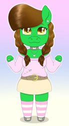 Size: 1336x2416 | Tagged: safe, artist:dyonys, oc, oc only, oc:lucky brush, species:anthro, species:earth pony, species:pony, :3, absolute territory, accessories, belt, bow, braid, braided pigtails, chibi, choker, clothing, cute, ear piercing, earring, female, freckles, jewelry, looking at you, mare, miniskirt, necklace, piercing, pigtails, ring, shoes, skirt, socks, solo, striped socks, sweater, zettai ryouiki
