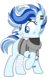 Size: 1165x1885 | Tagged: safe, artist:pegasski, artist:rukemon, base used, oc, oc only, oc:north point, parent:double diamond, parent:party favor, parents:partydiamond, species:earth pony, species:pony, bandage, bandaid, blank flank, clothing, commission, ear piercing, earring, female, grin, hoodie, jewelry, magical gay spawn, mare, multicolored hair, offspring, piercing, raised hoof, scratches, simple background, sleeveless sweater, smiling, solo, sweater, transparent background