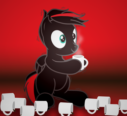 Size: 3600x3300 | Tagged: safe, artist:agkandphotomaker2000, oc, oc:arnold the pony, species:pegasus, species:pony, caffeine, caffeine overload, coffee, coffee mug, mug, red and black mane, red and black oc, shaking, simple background, the face of hyperactivity