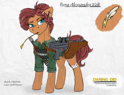 Size: 3300x2550 | Tagged: safe, artist:seriff-pilcrow, artist:tillie-tmb, edit, oc, oc:terra alessandra volt, species:earth pony, species:pony, fanfic:spectrum of lightning, series:daring did tales of an adventurer's companion, bandage, color edit, colored, colored sketch, gun, mp5, scar, solo, straw in mouth, stun rod, submachinegun, weapon