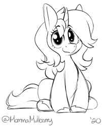 Size: 1315x1619 | Tagged: safe, artist:mulberrytarthorse, oc, oc only, oc:cinderheart, species:pony, black and white, cute, female, gift art, grayscale, mare, monochrome, sitting, sketch, smiling