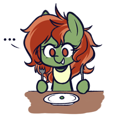 Size: 512x484 | Tagged: safe, artist:higgly-chan, oc, oc only, oc:withania nightshade, species:earth pony, species:pony, ..., bib, female, food, fork, knife, mare, original species, pea, plant, plant pony, plate, silly, table